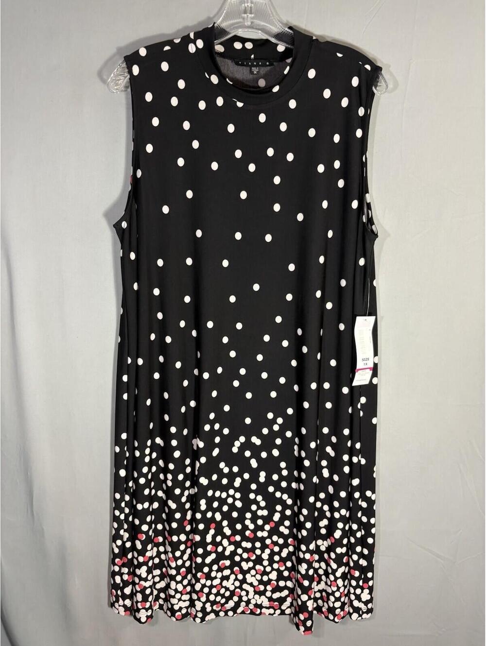 Tiana B 1X Polka Dot Swing Dress Black White Pink Sleeveless Plus Size NWT